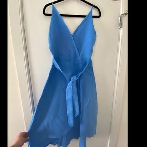 Light blue v neck fit and flare belted dress
